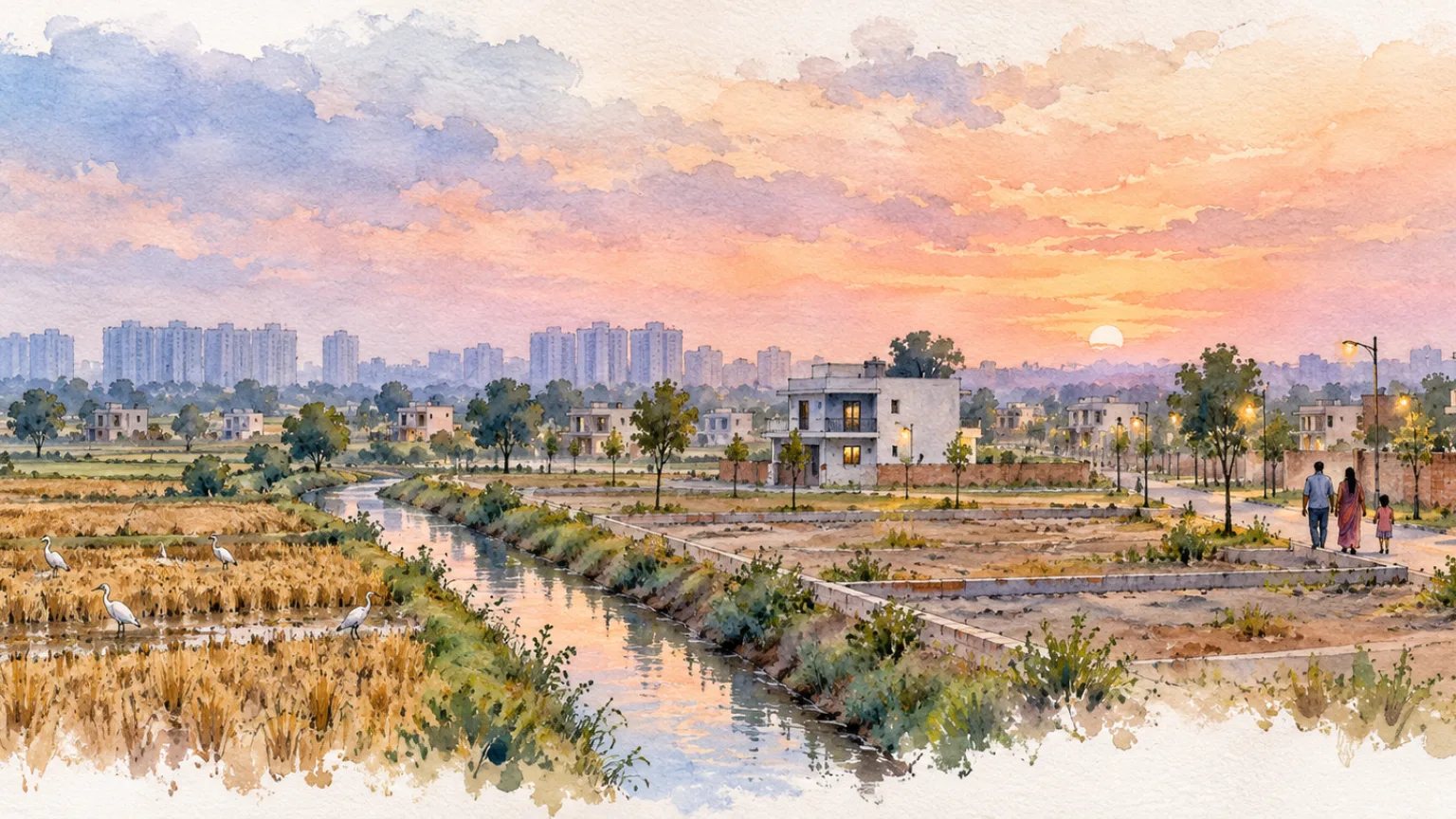 Watercolour illustration of open plots and low-rise houses beside farmland in Sector 143, Ballabhgarh