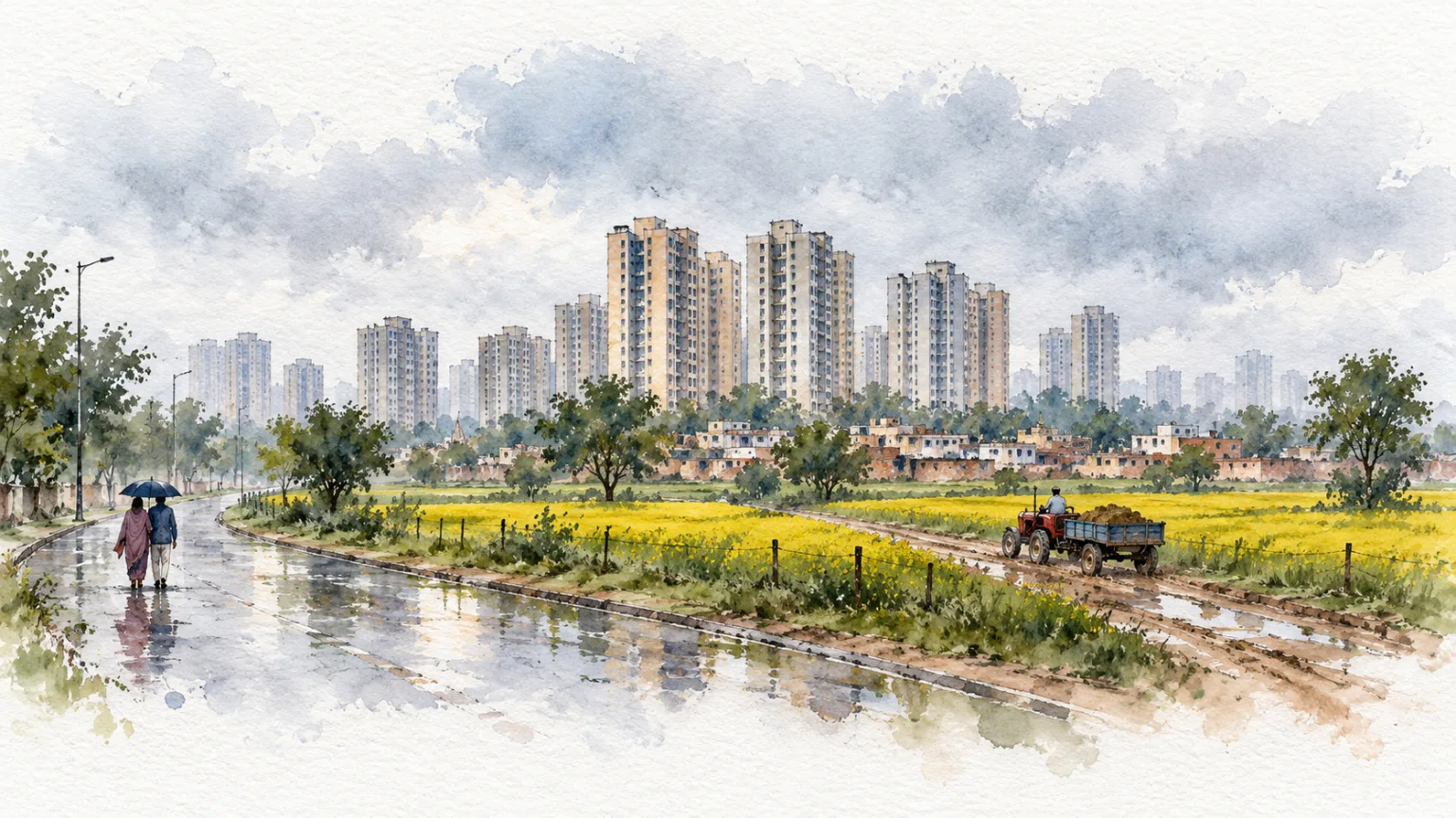 Watercolour illustration of high-rise societies rising from farmland in Sector 88, New Gurgaon