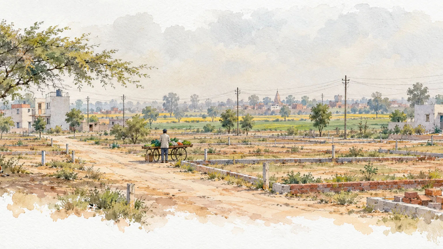 Watercolour illustration of new plots and houses beside farmland in Sector 91, Devru