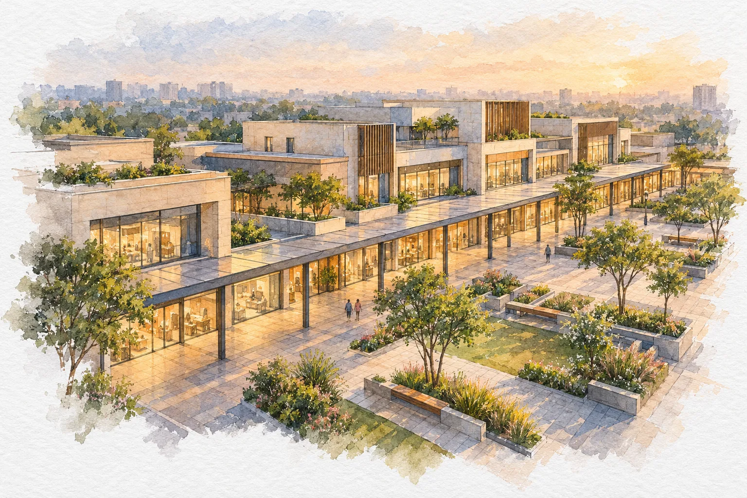 Watercolour illustration of Shalviya Mid Point Mart (not the actual project)