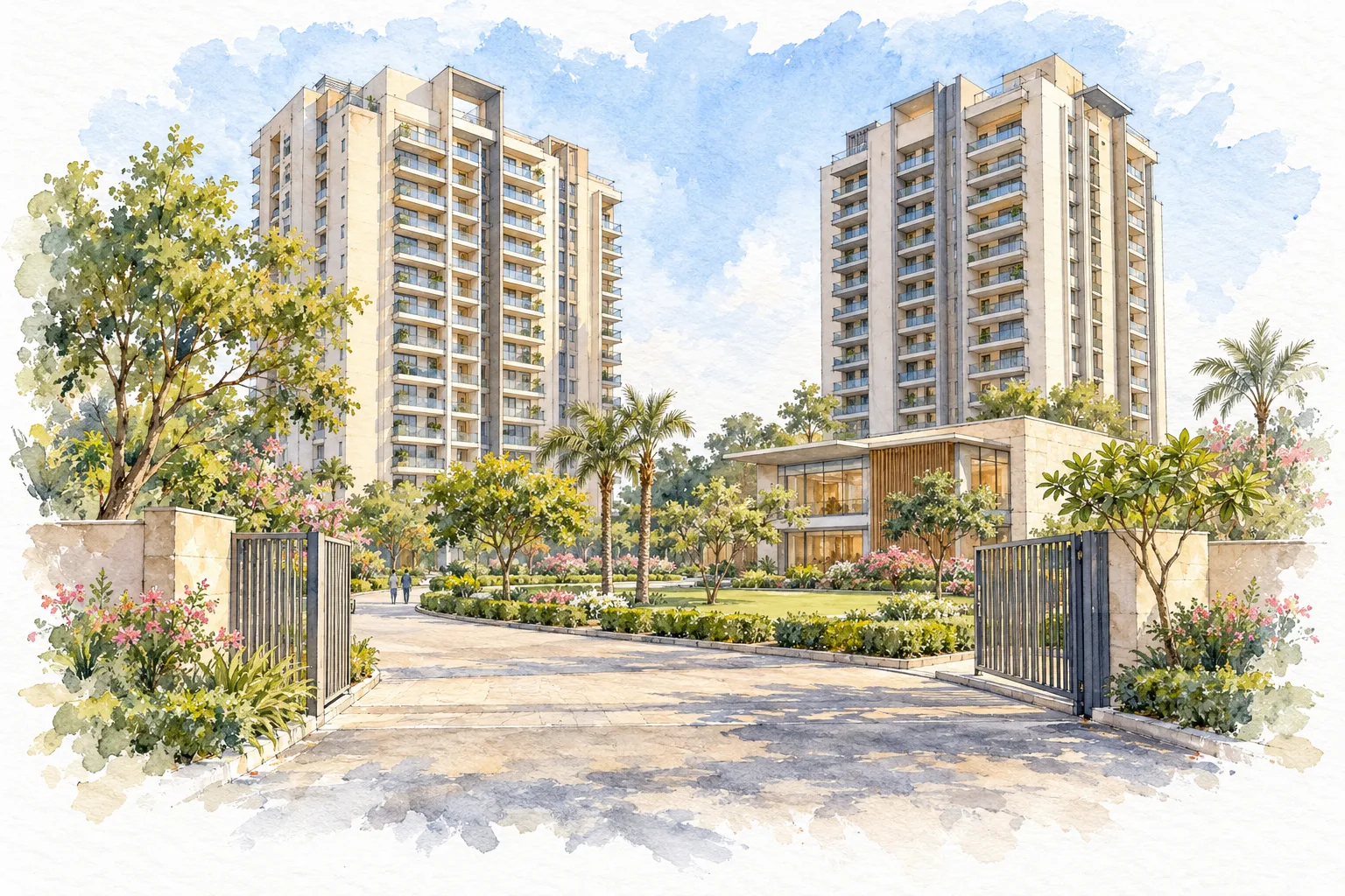 Watercolour illustration of Shapoorji Pallonji The Dualis (not the actual project)