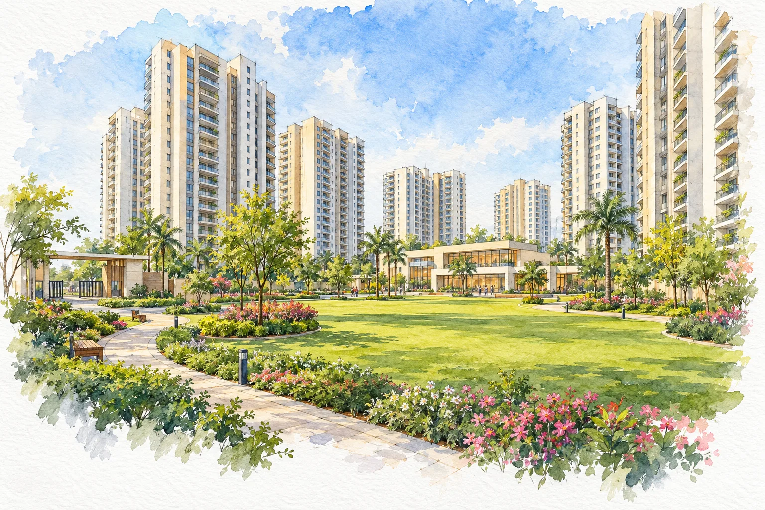 Watercolour illustration of Shipra Riviera (not the actual project)