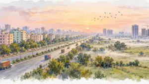 Watercolour illustration of a township beside an expressway at dawn with mist over fields