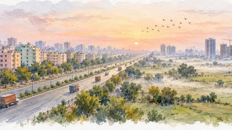 Watercolour illustration of a township beside an expressway at dawn with mist over fields