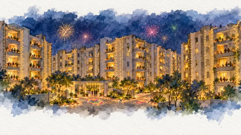 Watercolour illustration of residential towers decorated with festive lights at night