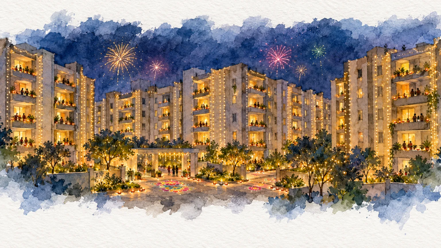 Watercolour illustration of residential towers decorated with festive lights at night