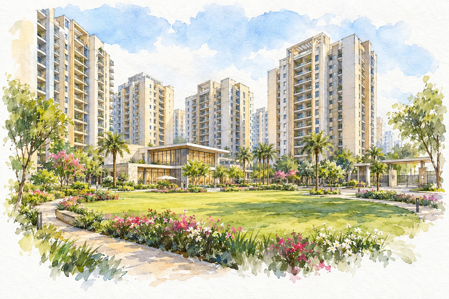 Watercolour illustration of Signature Global The Serenas (not the actual project)