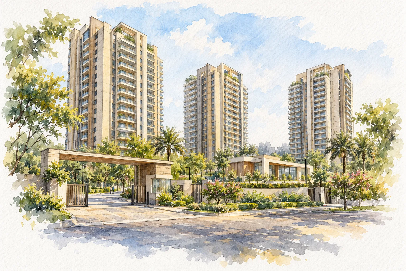 Watercolour illustration of Silverglades Hightown Residences (not the actual project)