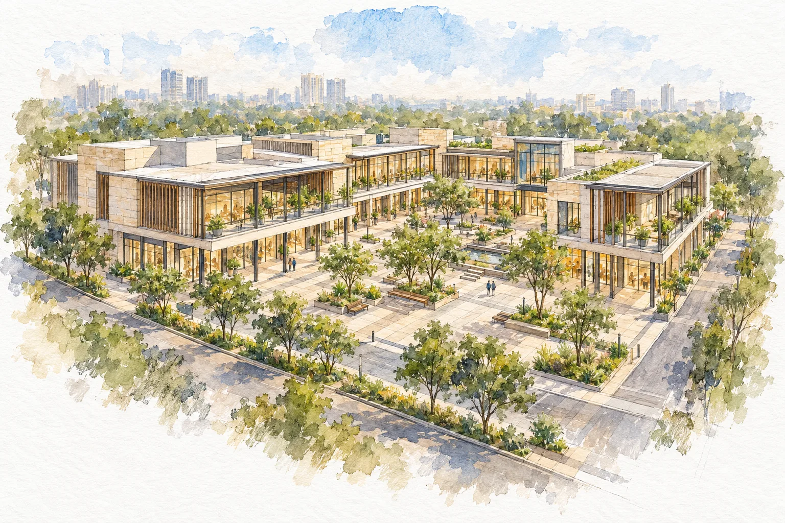 Watercolour illustration of Silverglades Merchant Plaza (not the actual project)