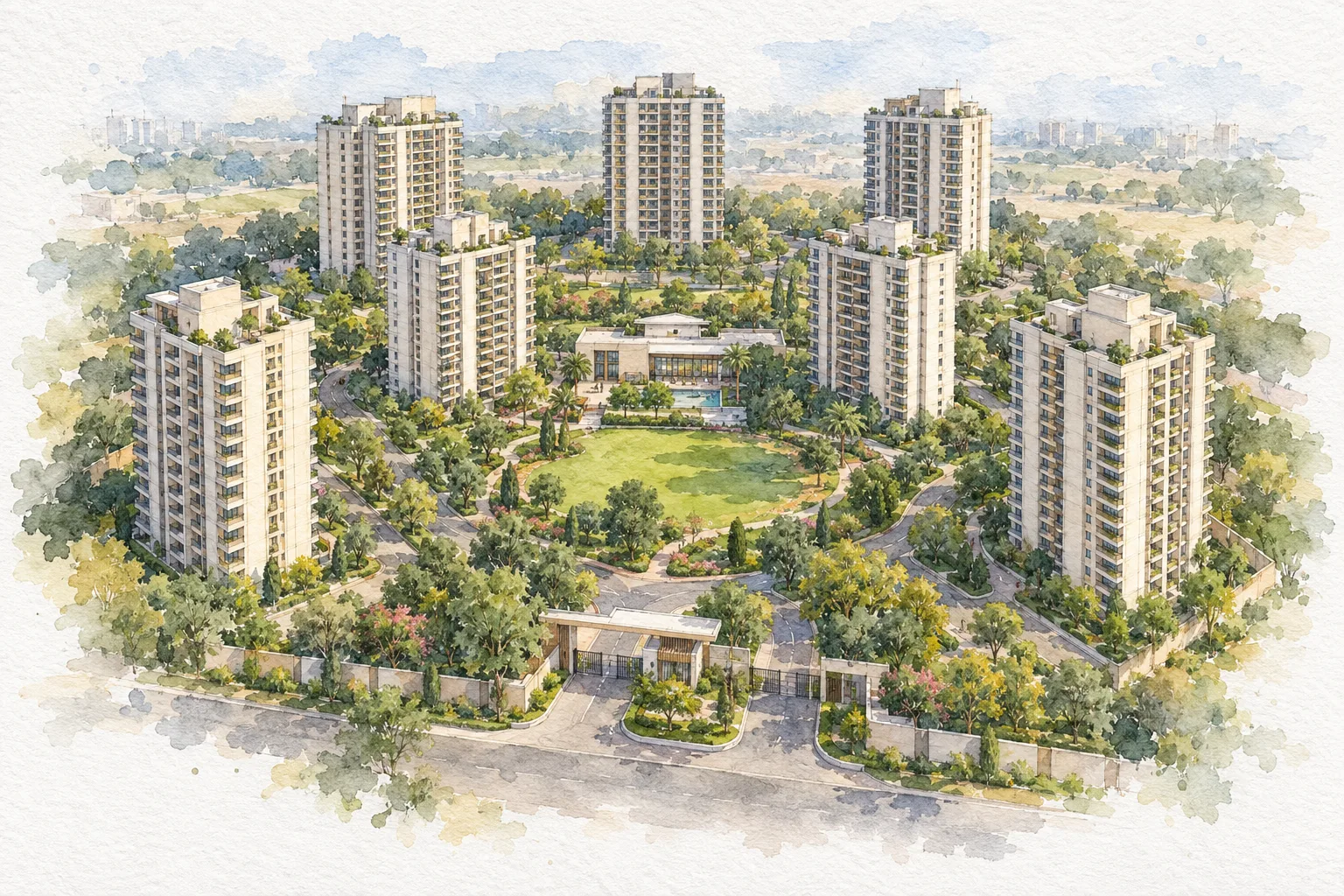 Watercolour illustration of Sixty-Three Golf Drive (not the actual project)