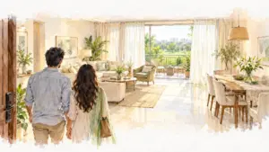 Watercolour illustration of a couple entering a bright, furnished sample flat with a balcony