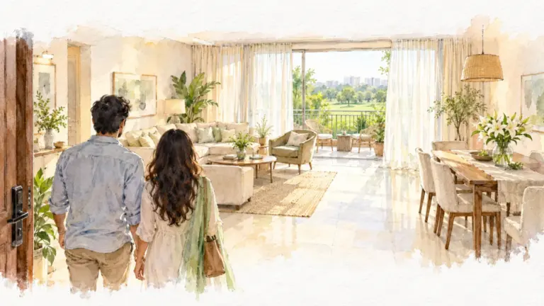 Watercolour illustration of a couple entering a bright, furnished sample flat with a balcony