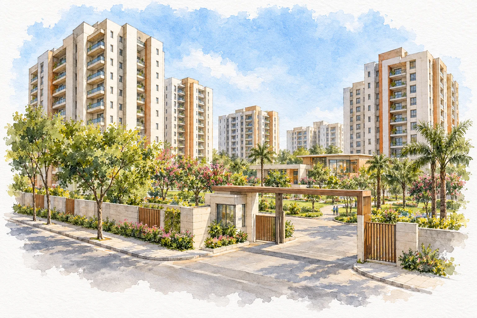 Watercolour illustration of Skylark Gokul Estate (not the actual project)