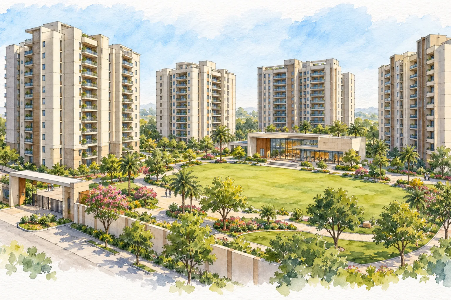 Watercolour illustration of Skylark Gokul Green (not the actual project)