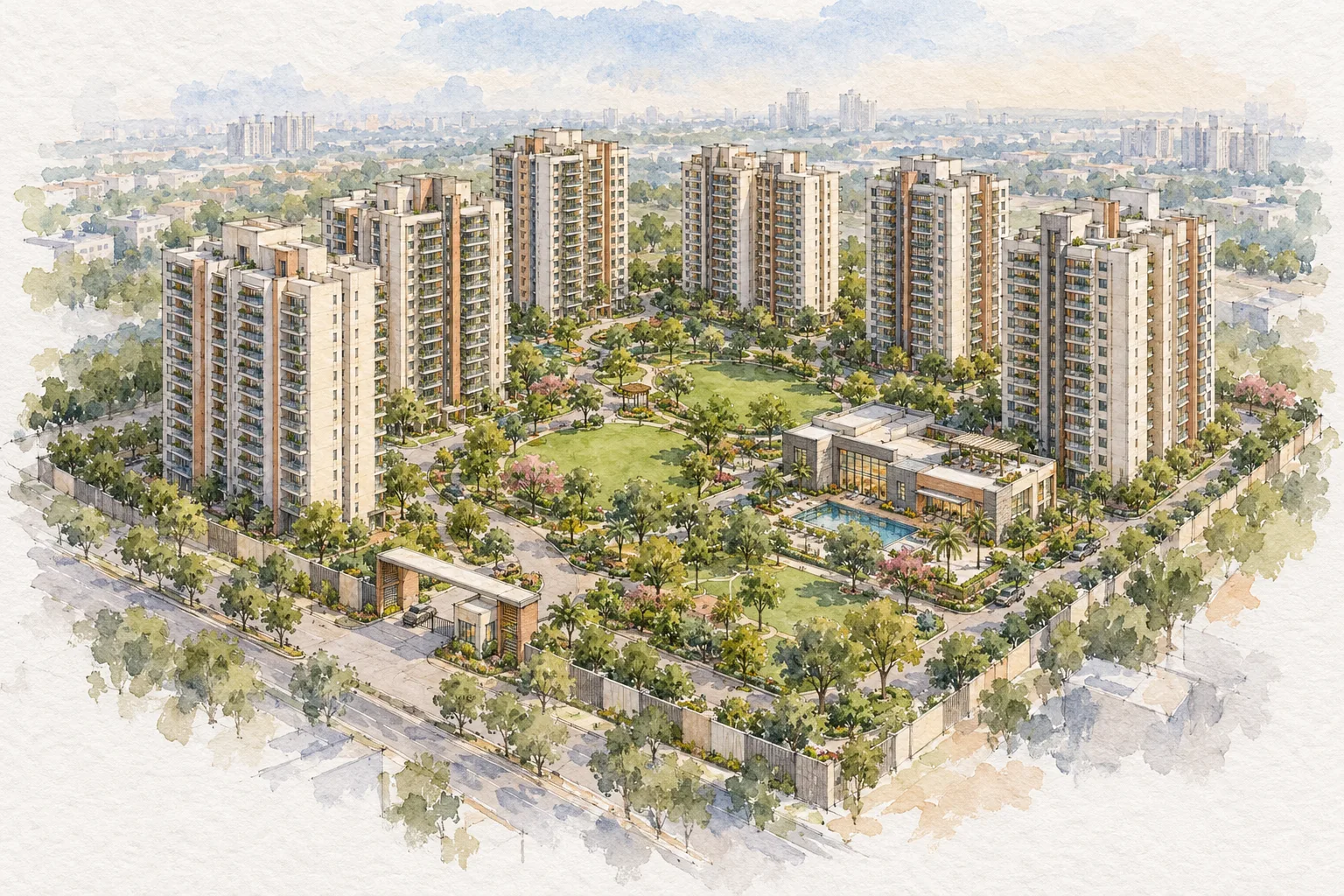 Watercolour illustration of Smartworld ELIE SAAB Residences (not the actual project)
