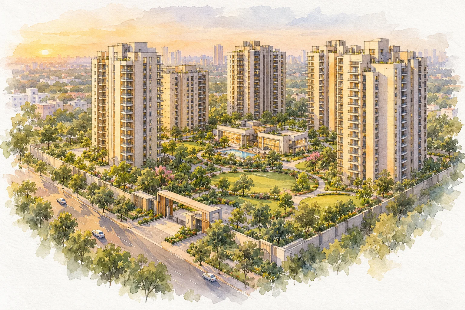Watercolour illustration of Smartworld One DXP (not the actual project)