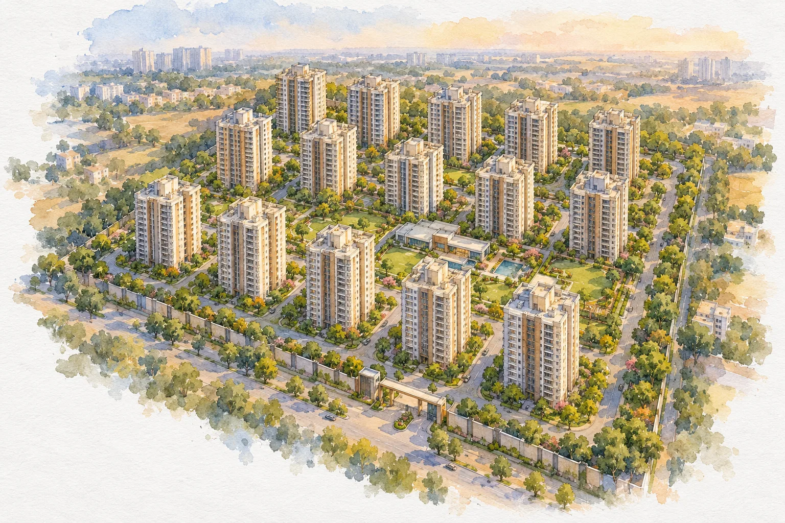 Watercolour illustration of Soha Olive Homes (not the actual project)