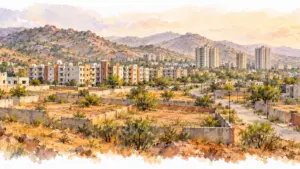 Watercolour illustration of walled plots, mid-rise blocks and towers at the foot of the Aravalli hills