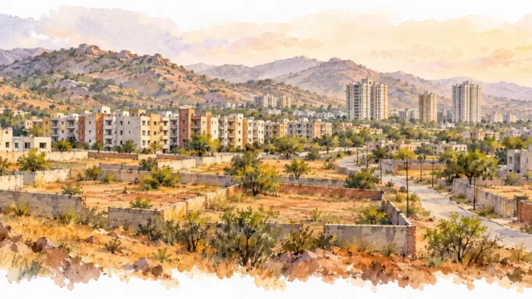 Watercolour illustration of walled plots, mid-rise blocks and towers at the foot of the Aravalli hills