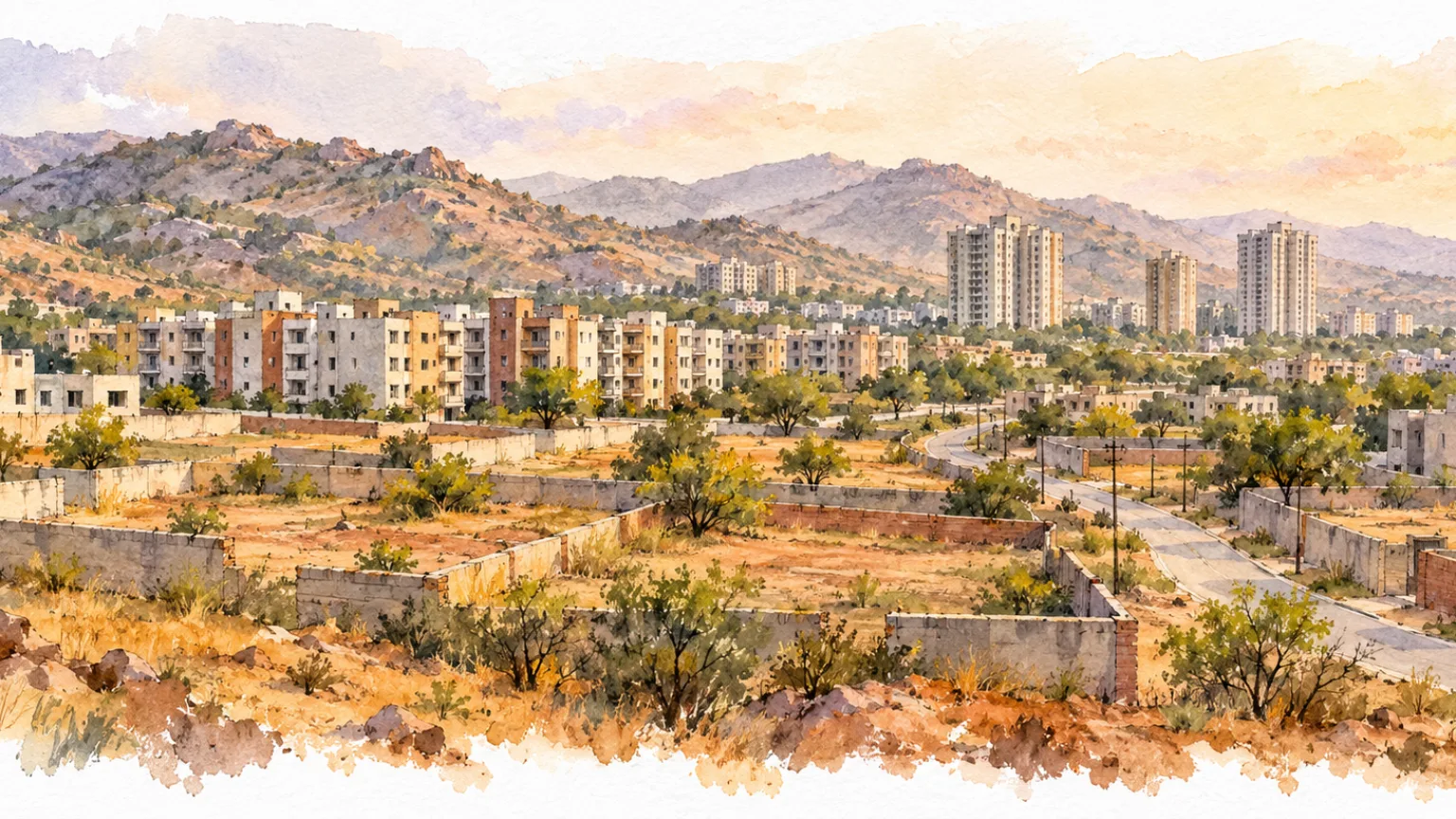 Watercolour illustration of walled plots, mid-rise blocks and towers at the foot of the Aravalli hills