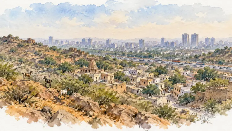 Watercolour illustration of a hill town below an Aravalli ridge with towers in the distance