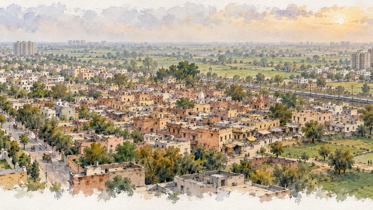 Watercolour illustration of an old town core, plotted sectors and fields in Sonipat City, Sonipat