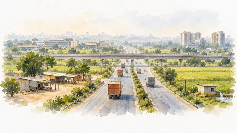 Watercolour illustration of a highway beside wheat fields with campuses and new towers beyond