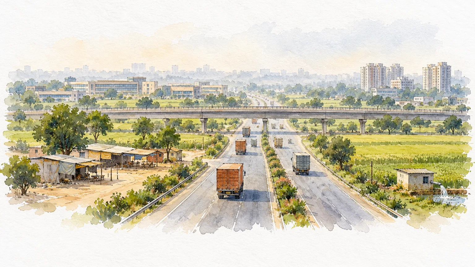 Watercolour illustration of a highway beside wheat fields with campuses and new towers beyond