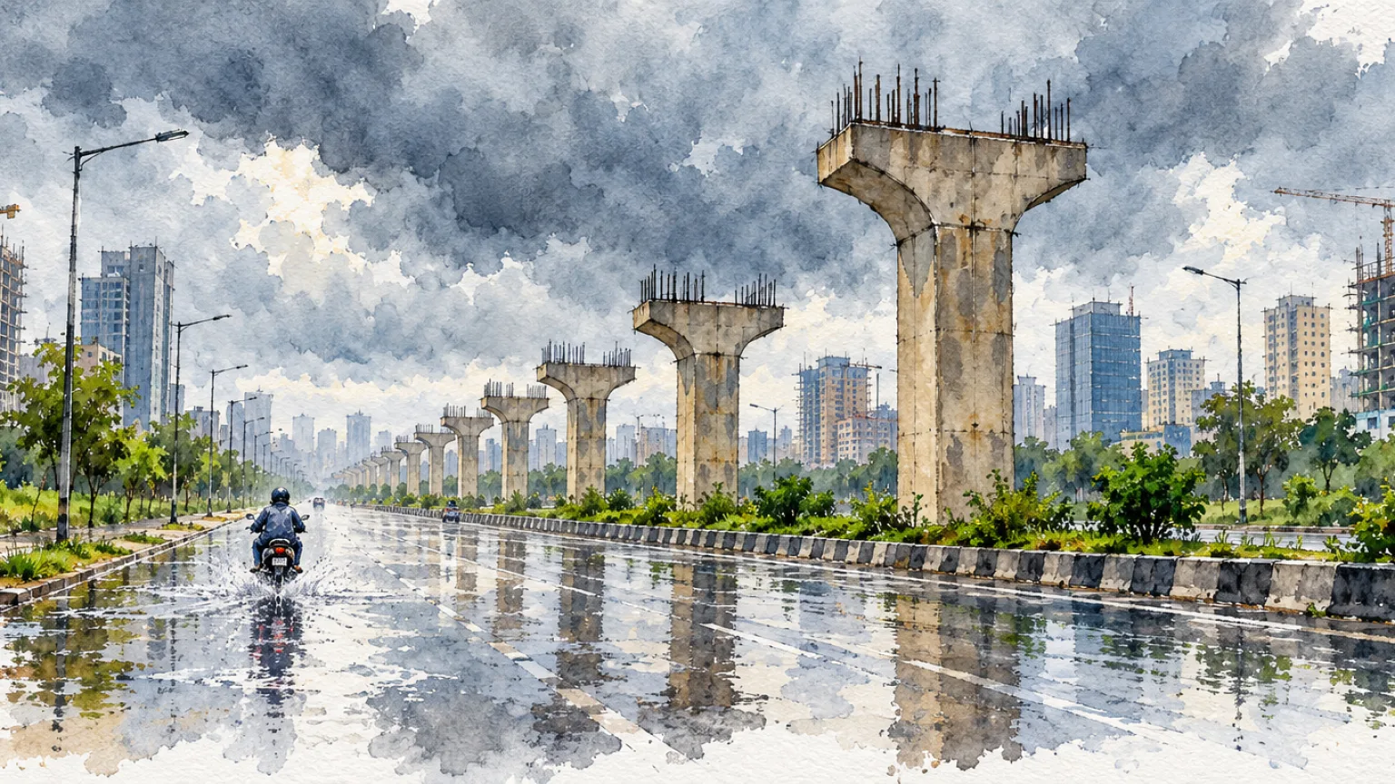 Watercolour illustration of unfinished elevated-road pillars on a wide road under monsoon clouds