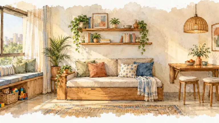 Watercolour illustration of a small, neatly organised 2BHK living room with fold-down furniture