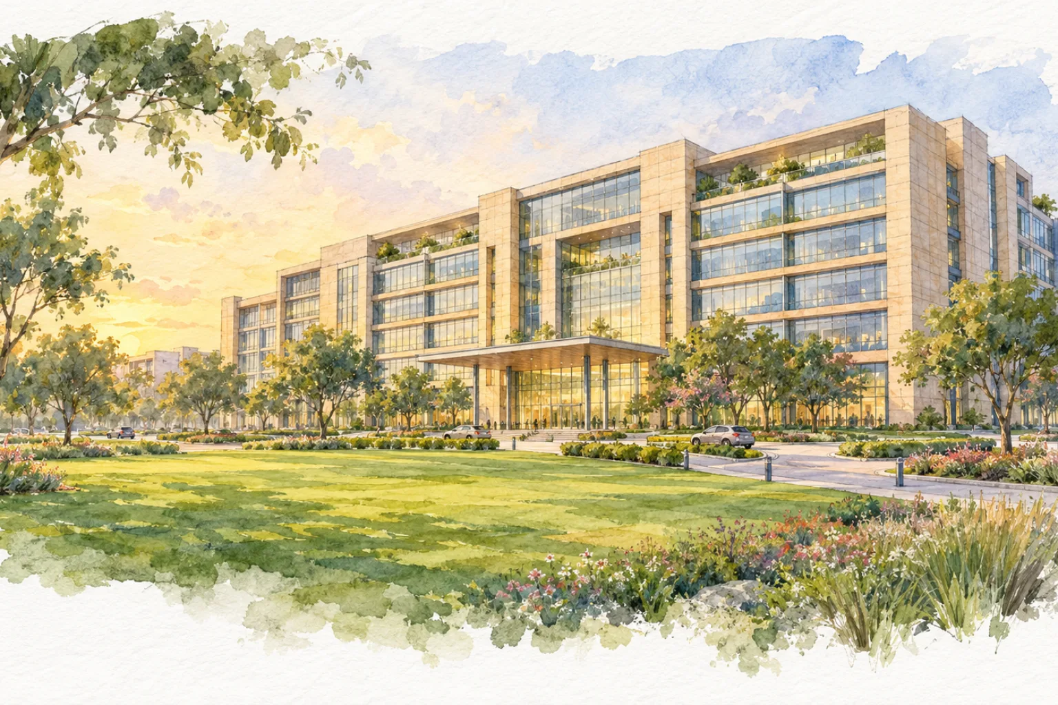 Watercolour illustration of Spaze iTech Park (not the actual project)