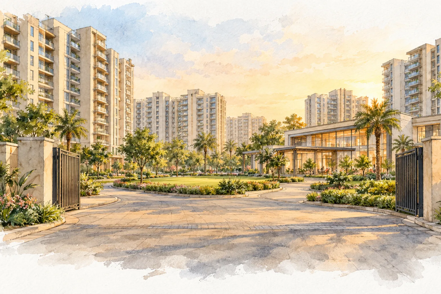 Watercolour illustration of Spiti Palm Estate (not the actual project)