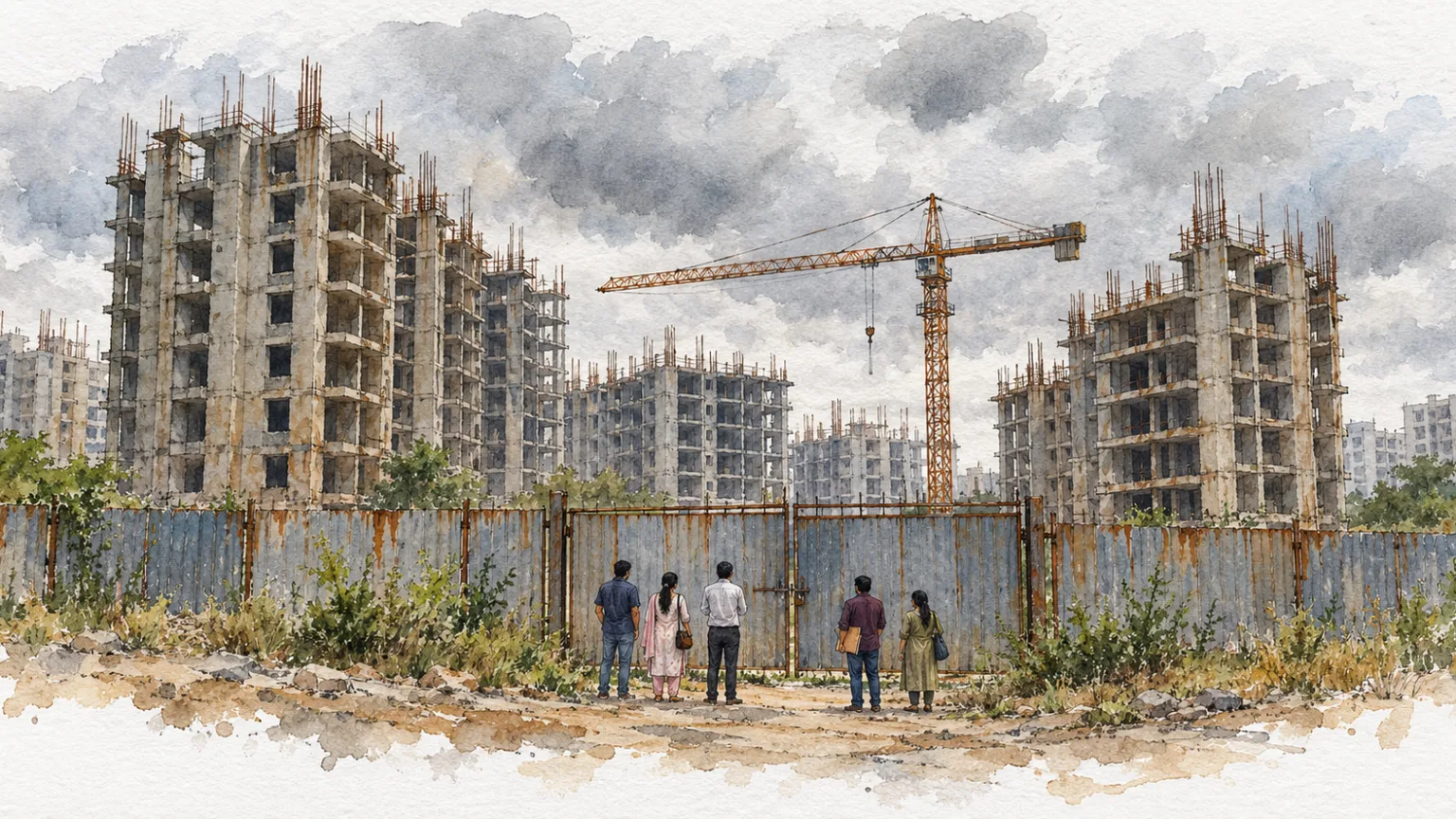 Watercolour illustration of buyers at the fence of a stalled tower project with an idle crane