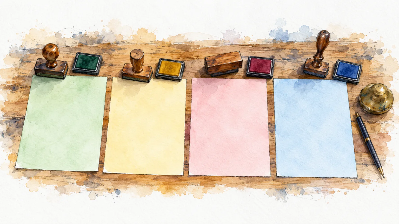 Watercolour illustration of four coloured stamp papers with rubber stamps on a counter