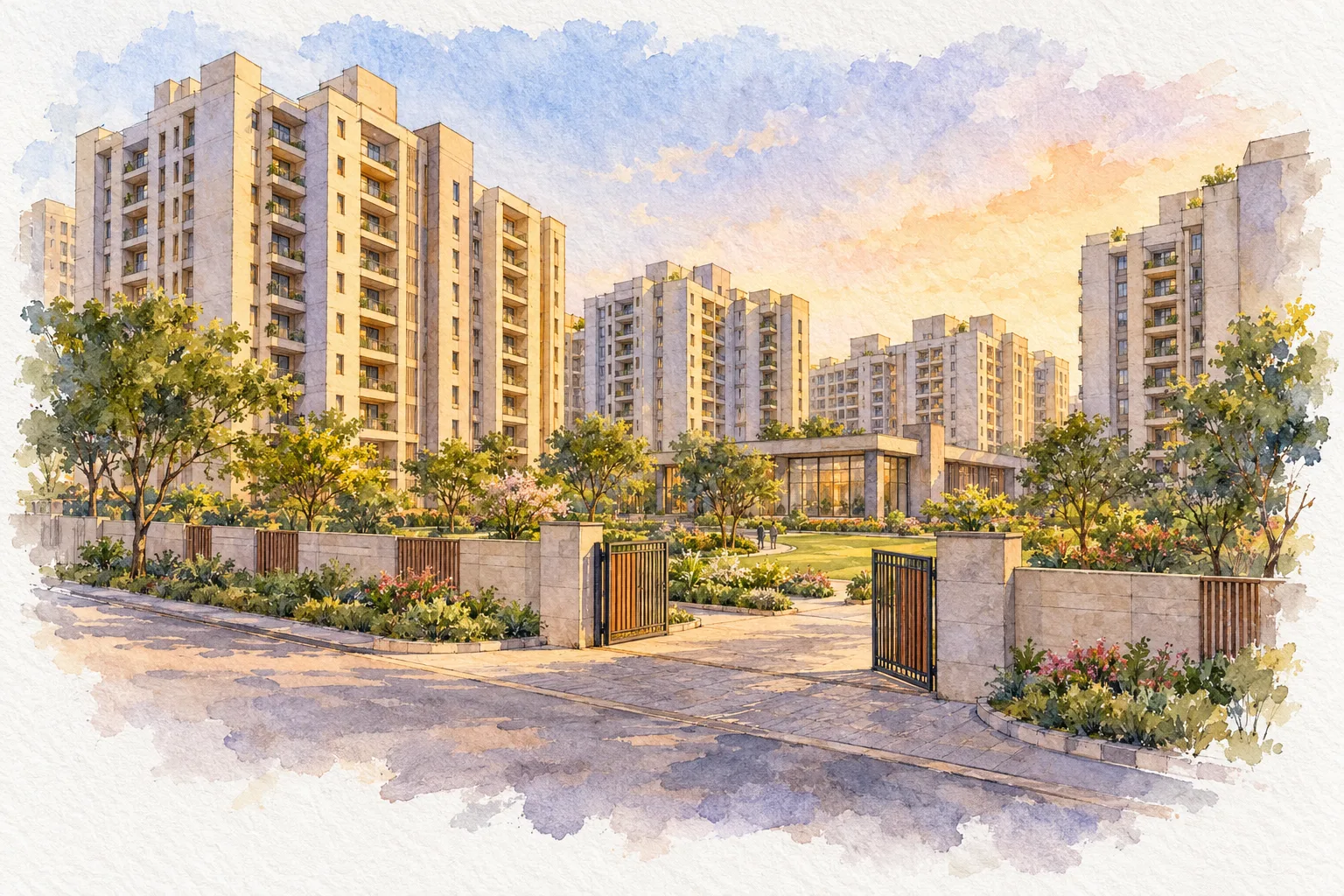 Watercolour illustration of Sudarshan Amrit Homes (not the actual project)
