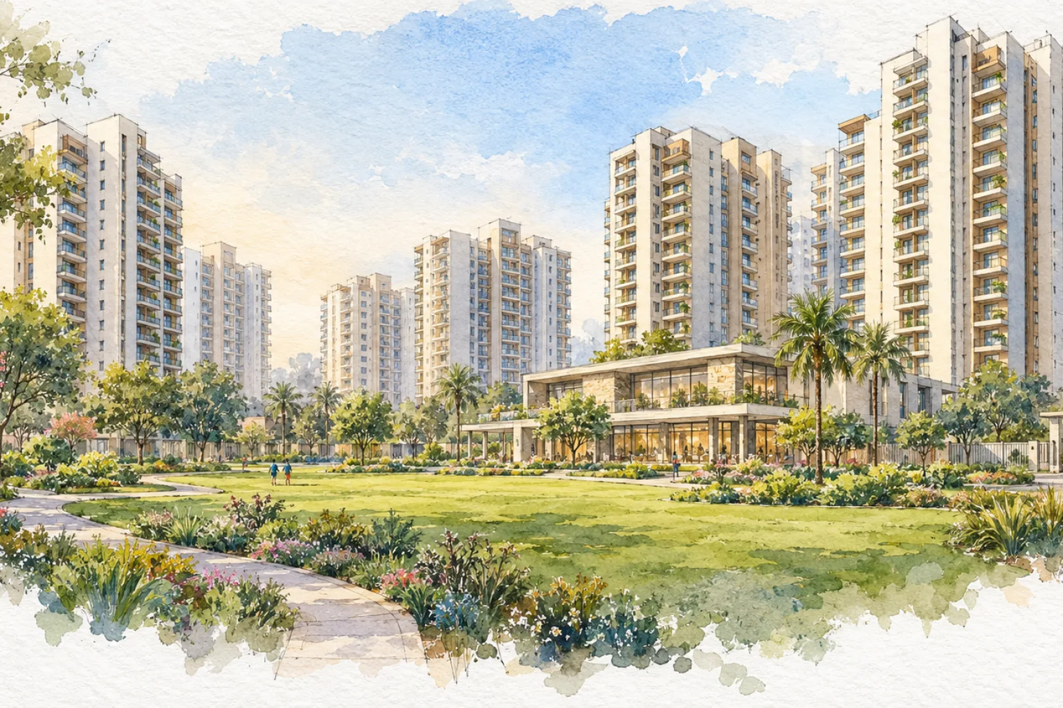 Watercolour illustration of Sumedha Residency (not the actual project)