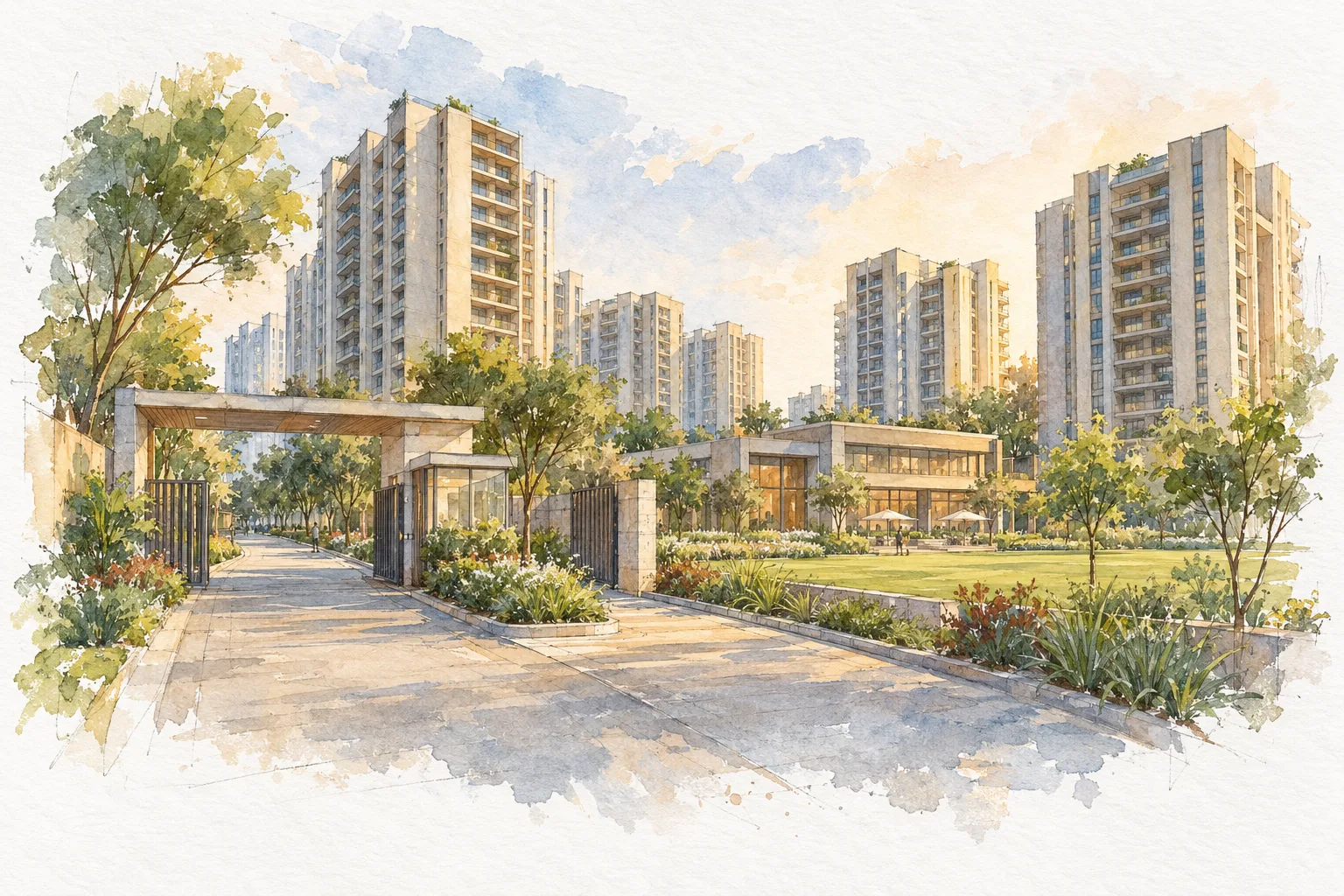 Watercolour illustration of Supertech Hill Town (not the actual project)