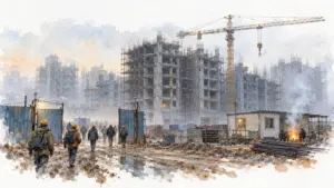 Watercolour illustration of workers arriving at a stalled tower site with a crane on a misty morning