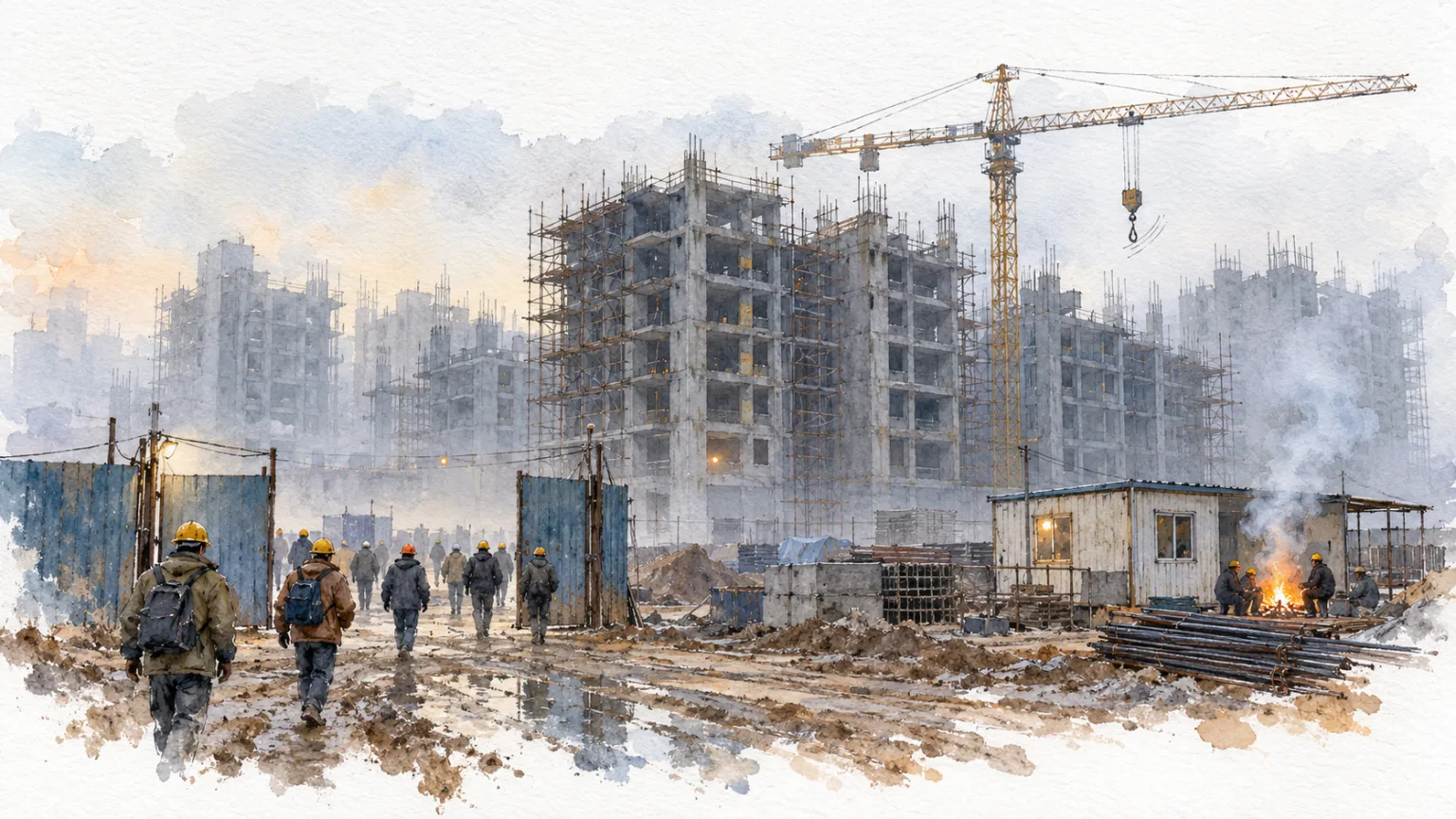 Watercolour illustration of workers arriving at a stalled tower site with a crane on a misty morning