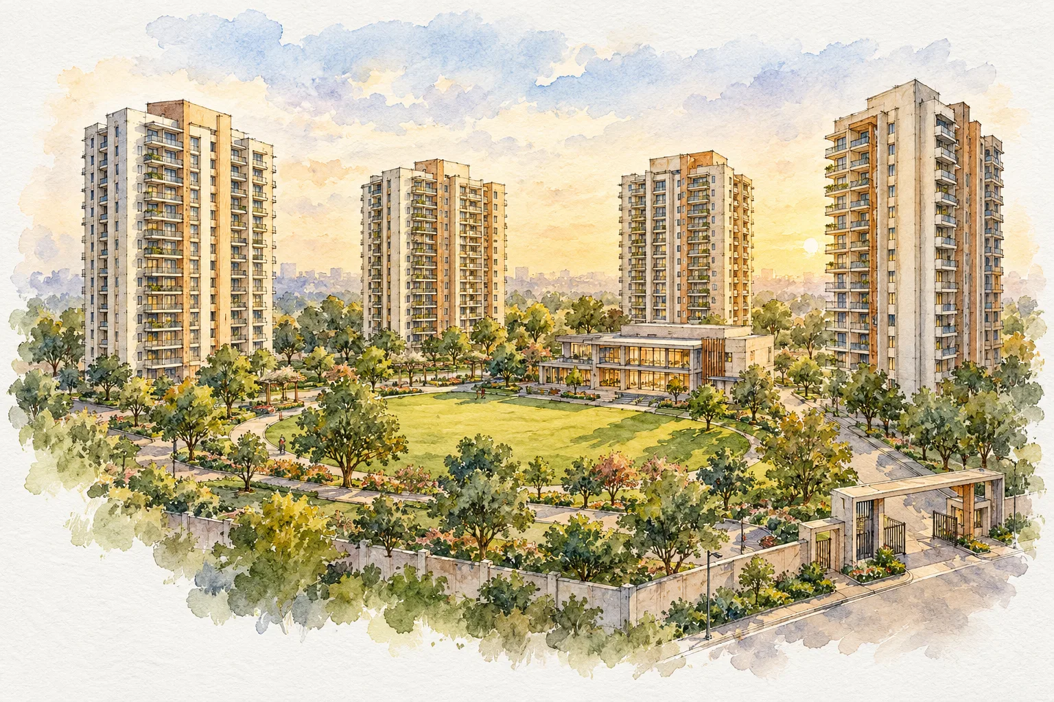 Watercolour illustration of Supertech Sports Village (not the actual project)