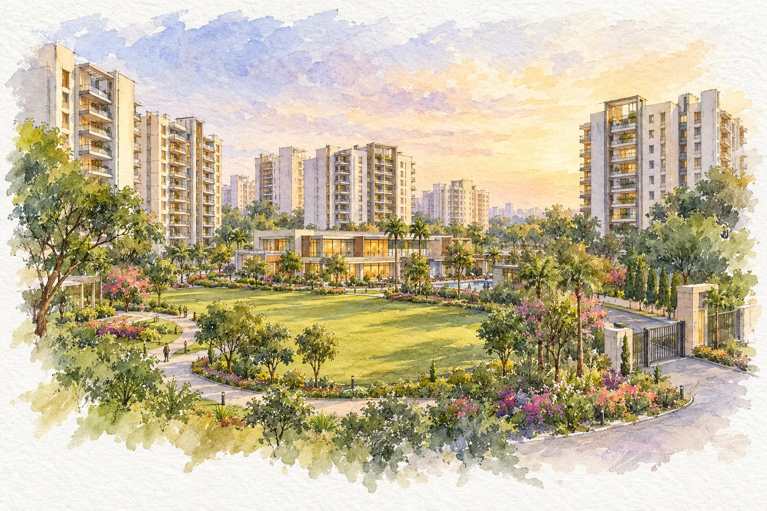 Watercolour illustration of Suraksha Enclave (not the actual project)