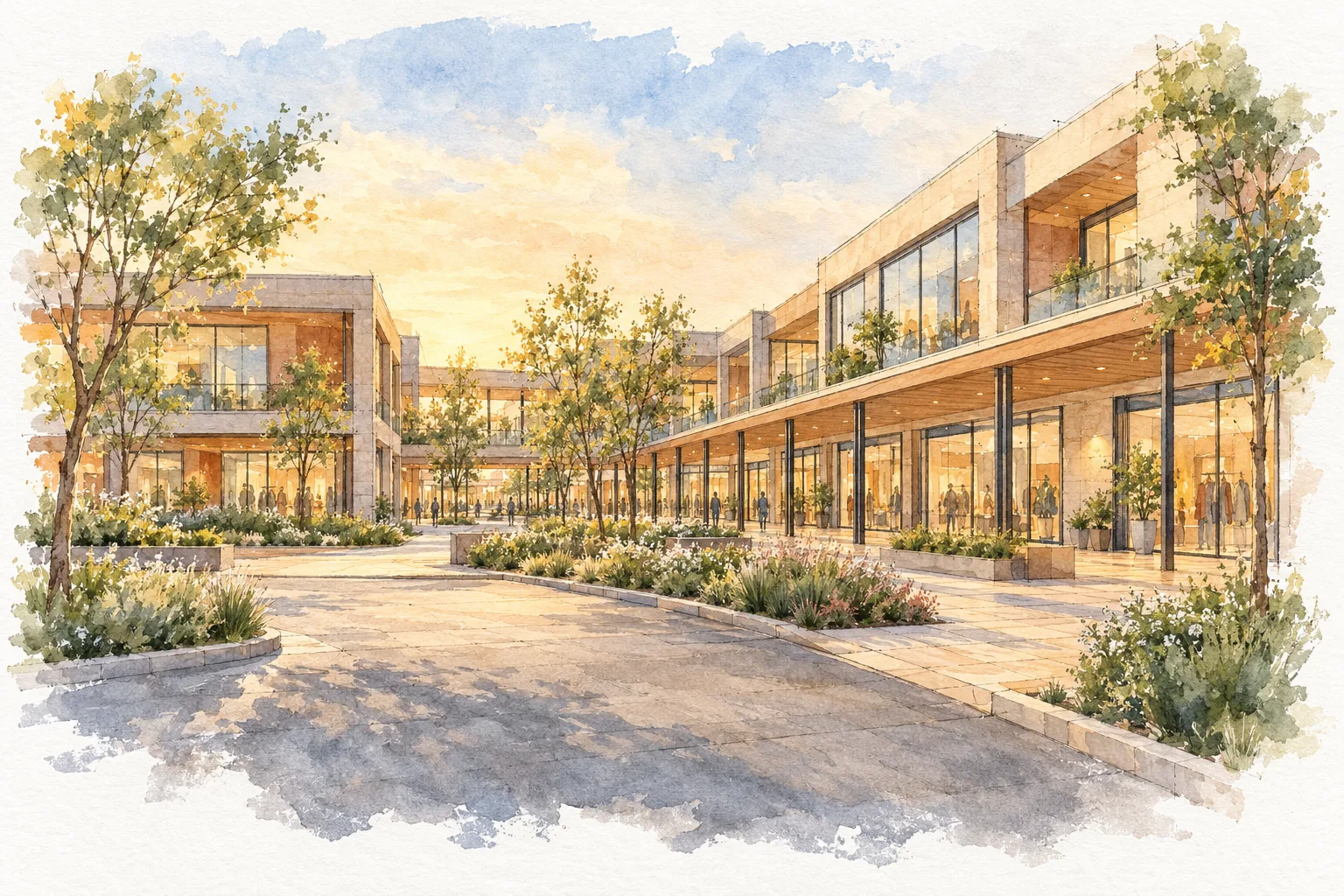Watercolour illustration of TDI Mall Kundli (not the actual project)