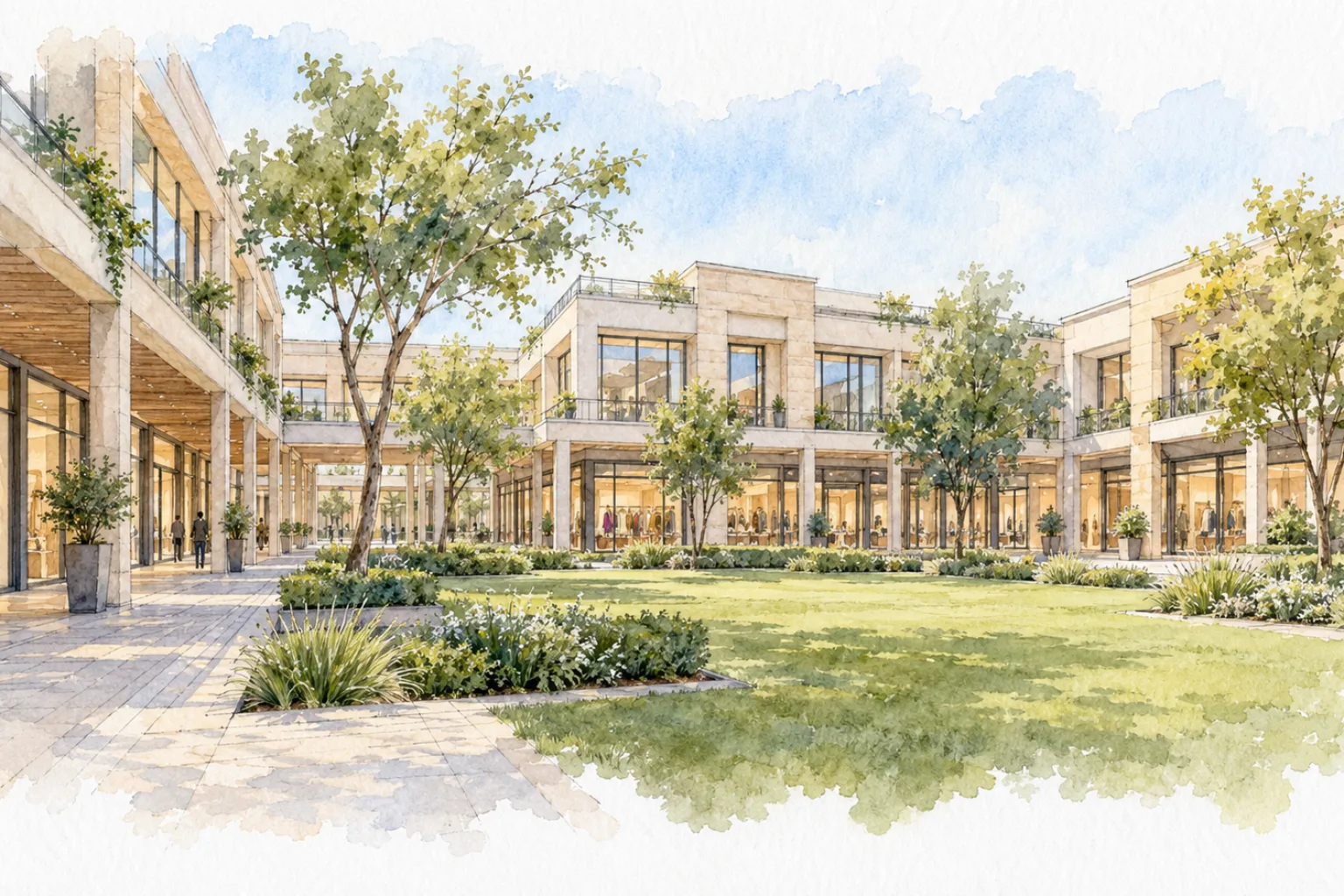 Watercolour illustration of TDI Rodeo Drive Mall (not the actual project)