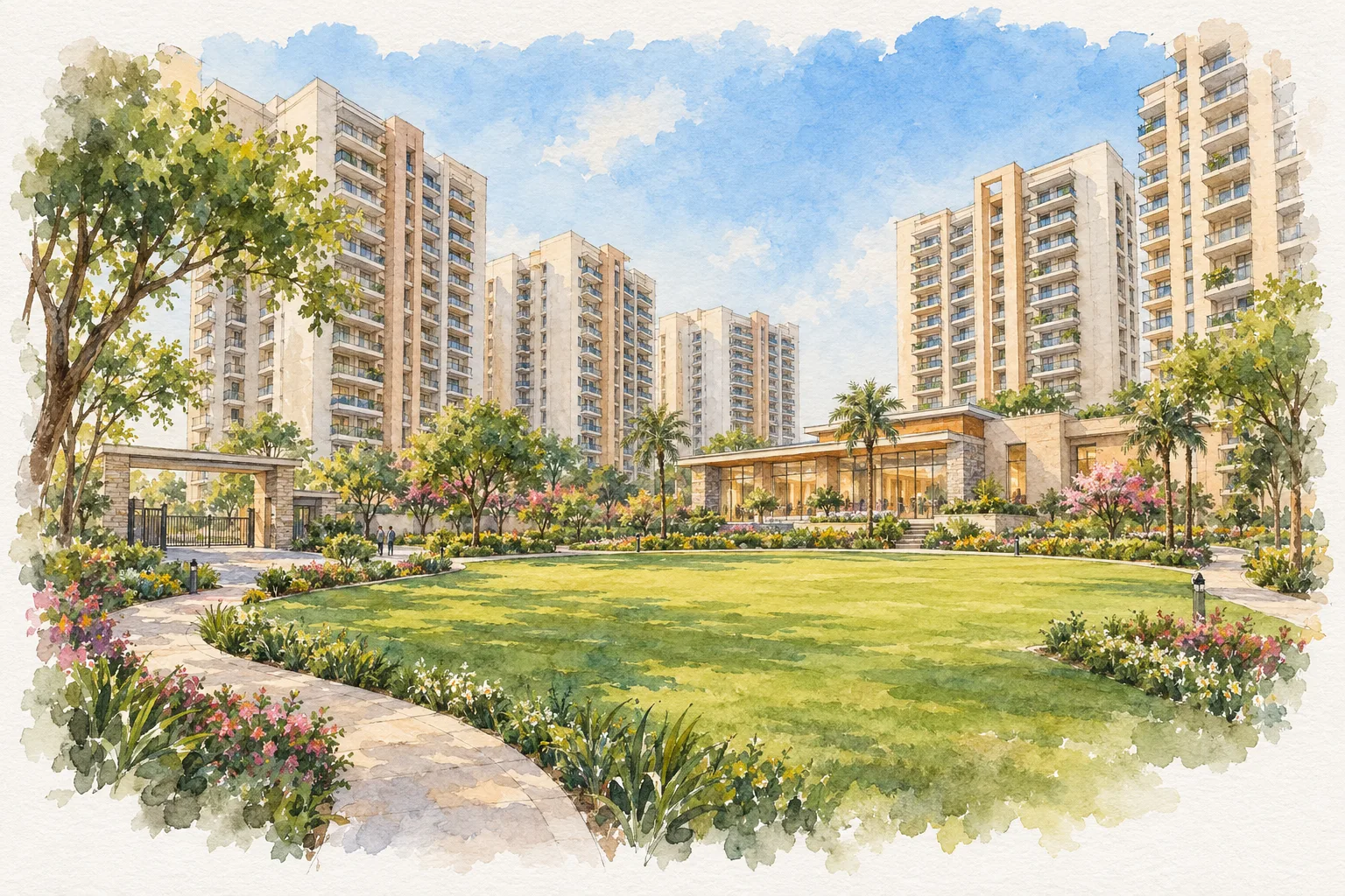 Watercolour illustration of The Golden Residences, The Golden City (not the actual project)