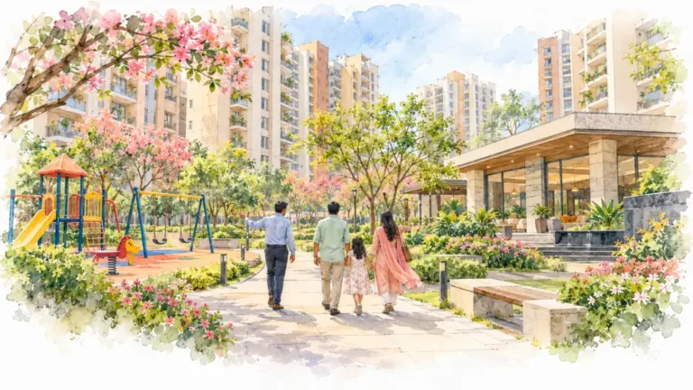 Watercolour illustration of a family on a site visit walking through a society compound in spring