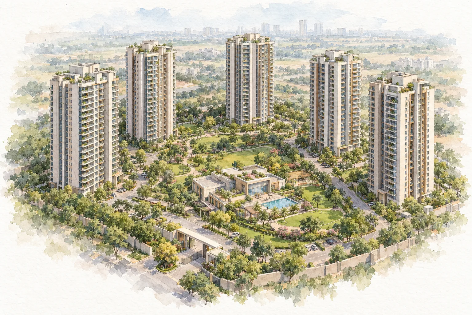 Watercolour illustration of Tonino Lamborghini Residences Gurugram (not the actual project)