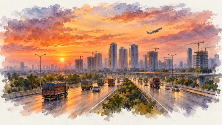 Watercolour illustration of an expressway at sunset toward new towers with a plane climbing above