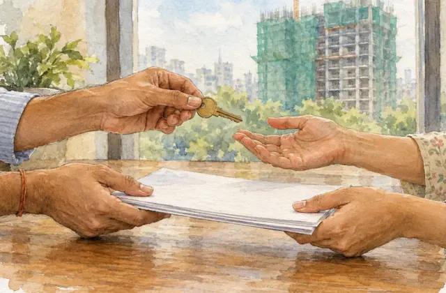 Watercolour illustration of hands passing a flat key and papers, an under-construction tower beyond