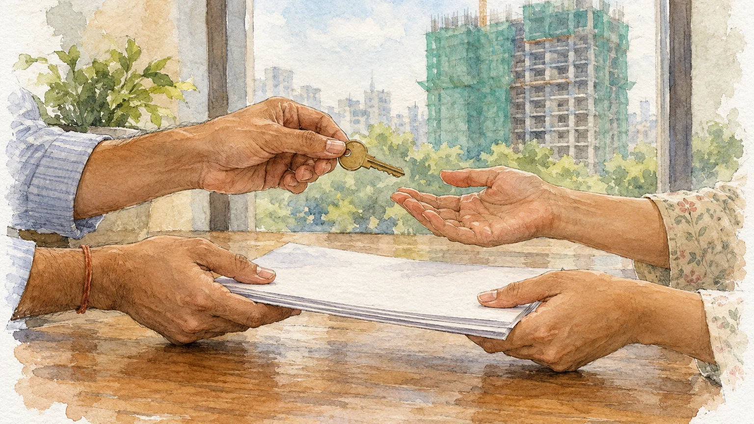 Watercolour illustration of hands passing a flat key and papers, an under-construction tower beyond