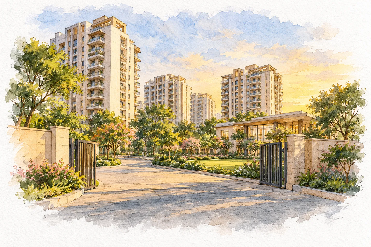 Watercolour illustration of Tulsiani Easy In Homes (not the actual project)